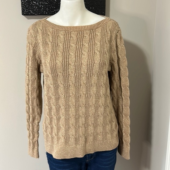 RALPH LAUREN Womens Tan Shimmer Cable Knit Long Sleeve Boat Neck Sweater Sz XL - Picture 3 of 12